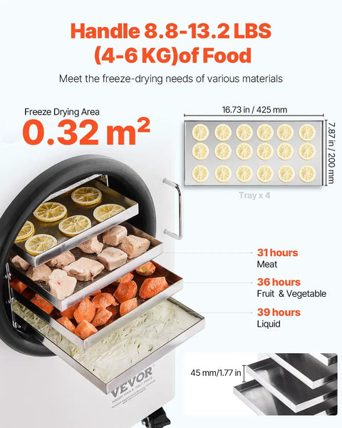 Home Kitchen Vacuum Freeze Dryer Dope For Meal Prep With 4 Layer Trays And Adjustable Timer And Temperature, Freeze Dry 8.8 to 13.2 Lbs Per Batch For Fruits Veggies Meat And Seafood, Great For Long Term Food Preservation showing layered trays with food