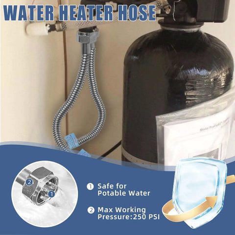 2 Pack 1 Inch Flexible Water Line And Water Heater Hose 1 FIP To 1 FIP 24 Inch Stainless Steel Corrugated Connector Softener Flex Hose For Tankless Water Heaters Internal Diameter 0.95 Inch Easy Install in use, connected to a tankless water heater.