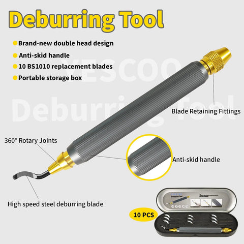 YESCOO deburring tool with anti-skid handle, 360° rotatable head, and 10-piece high-speed steel blade set in case
