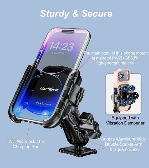 Anti Vibration Phone Mount With Vibration Dampener And 1s Lock Release for 5.4 to 7.2 inch phones, aluminum AMPS square base