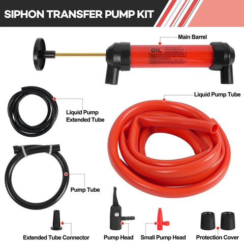 Components of All Purpose Siphon Pump Fluid Transfer Kit With Easy Pour And Quick Fuel Move No Mess No Spill displayed separately
