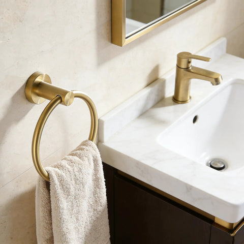 Brushed Gold Toilet Paper Holder And Towel Ring Set All In One Stainless Steel Wall Mount Bathroom Hardware next to sink