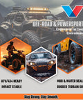 Off-road and powersports vehicles in rugged terrain, featuring ATV and 4x4 with mud and water sealed tires for tough environments.