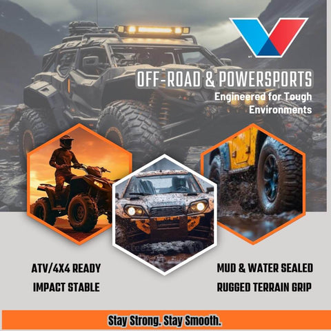Off-road and powersports vehicles in rugged terrain, featuring ATV and 4x4 with mud and water sealed tires for tough environments.