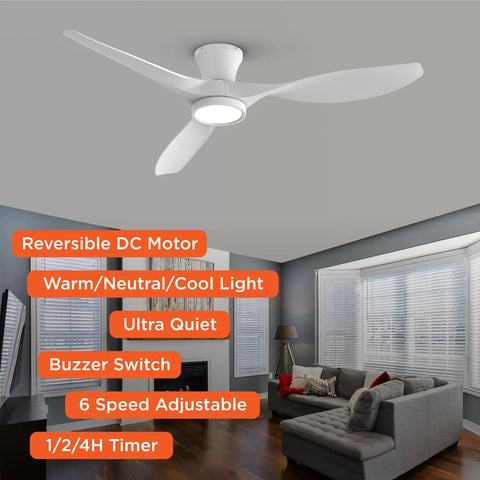 52 Inch Ceiling Fan With Lights Remote Control Modern Low Profile Design Quiet Reversible DC Motor in living room setup