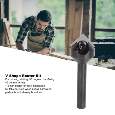 Top Shelf V Shape Router Bit Featuring A Knockout 90 Degree Carbide Blade For Crisp Woodworking Engraving And Quick 45 Degree Chamfer Cuts On CNC Machines with 1/4 inch shank.