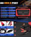 BTMS Pro Grade Car Battery Tester Memory Saver for OBD2 detailing connectors and cables with surge protection features
