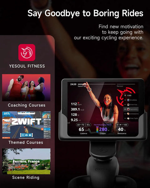 S3 Black Home Exercise Bike With Magnetic Resistance display showing YESOUL FITNESS app interface with courses and metrics.