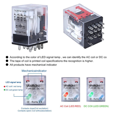 12V DC Relay Built Tough With Socket Base And LED Indicator, 14 Pin, 5 Amp, 4PDT 4NO 4NC, DIN Rail Ready - product view with LED signal descriptions