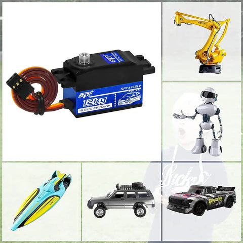 Beefy 12kg Low Profile RC Servo With High Torque Full Metal Gear Digital Steering showcased with robotic models and RC vehicles