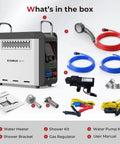 Portable Propane Water Heater For Camping And RV Shower With Pump Kit featuring components, hoses, and user manual