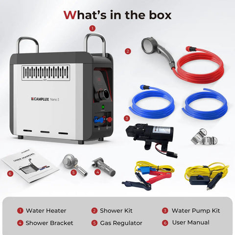 Portable Propane Water Heater For Camping And RV Shower With Pump Kit featuring components, hoses, and user manual