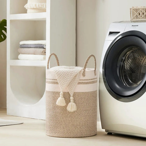 Woven Rope Laundry Hamper Basket 72L Tall Big Ol Brown Eco Friendly Natural Cotton Rope Laundry Bin beside washing machine