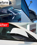 Before and after installation of Tesla Model Y Mirror Bottom Cover Replacement Right Passenger Side For 2018 To 2025