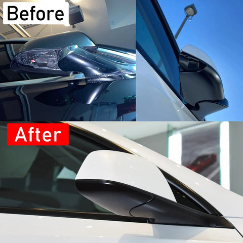 Before and after installation of Tesla Model Y Mirror Bottom Cover Replacement Right Passenger Side For 2018 To 2025