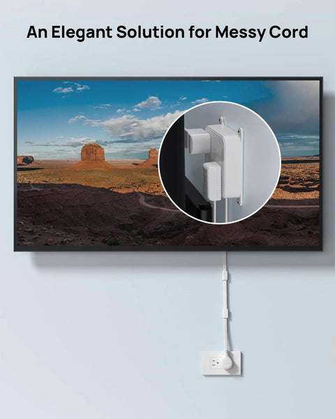 Mounted TV setup with 3 Outlet Power Strip With 3 USB Ports And 10 Foot Cord, Flat Plug, Wall Mountable Desktop Charging Station