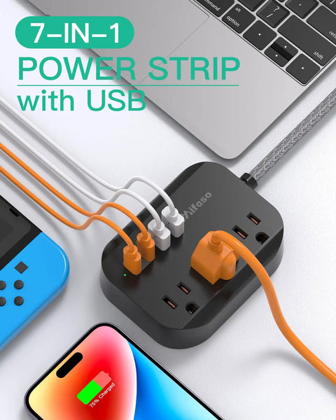Travel Essentials Power Strip With USB Ports Compact Flat Plug Extension Cord 5ft Three Outlets Four USB Ports Non Surge Cruise Ship Ready Dorm Room Apartment Must Have Desktop Charging Hub
