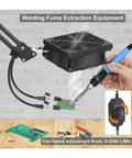 Ultimate Third Hand Soldering Station With Adjustable Gooseneck Arms Smoke Absorber in use with PCB and soldering iron