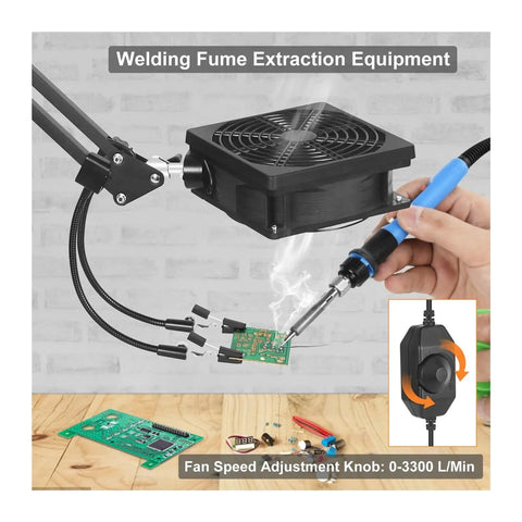 Ultimate Third Hand Soldering Station With Adjustable Gooseneck Arms Smoke Absorber in use with PCB and soldering iron