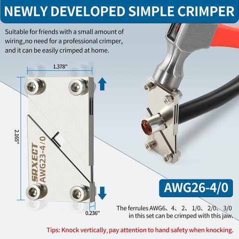 Side view of Heavy Duty Ferrule Crimping Tool Kit with wire connected to AWG26-4/0 crimper jaw, highlighting dimensions.