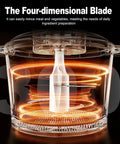 Interior view of Three Speed Electric Food Processor showcasing four-dimensional blade motion and easy clean design.