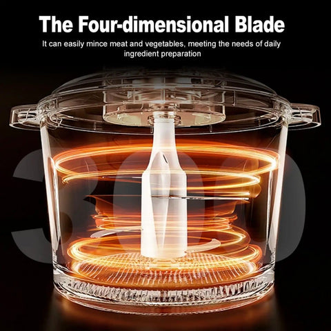 Interior view of Three Speed Electric Food Processor showcasing four-dimensional blade motion and easy clean design.