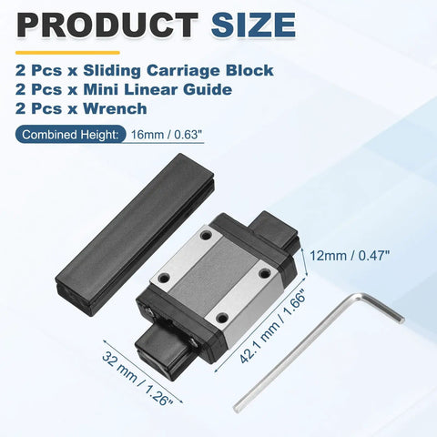 Two Pack MGN15C Linear Bearing Carriage Blocks With Mini Guide And Wrench, detailed size specifications shown.
