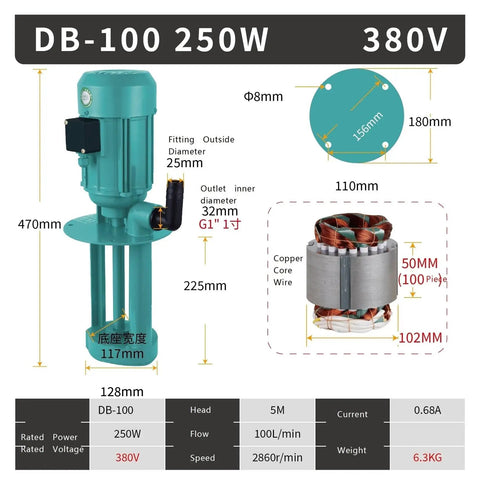 Heavy Duty Three Phase Machine Tool Cooling Pump Delivering Fast Coolant Liquid Circulation For Industrial Machining Jobs Tough 250 Watt Electric Fluid Transfer Unit, dimensions and specifications.