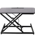 31.5 Inch Height Adjustable Standing Desk Converter Featuring Ergonomic Keyboard Tray And Monitor Riser side view showing black metal frame and flat surface.