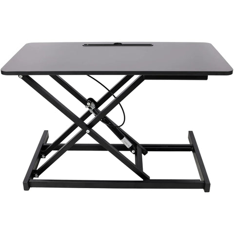 31.5 Inch Height Adjustable Standing Desk Converter Featuring Ergonomic Keyboard Tray And Monitor Riser side view showing black metal frame and flat surface.
