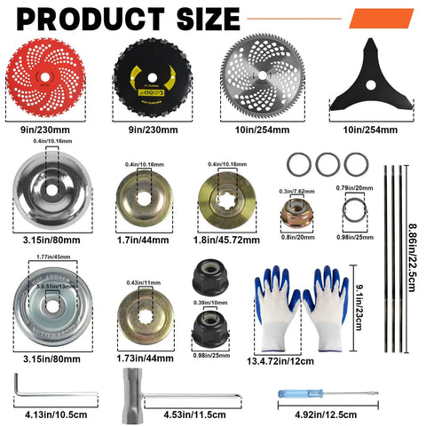 Heavy Duty Weed Eater Blade Kit With Adapter For Trimmer Includes 9x36 Carbide Tipped Blades, size comparison and components.