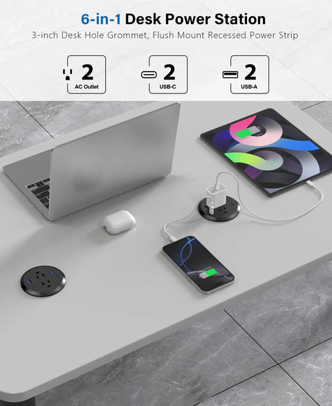 Top Shelf Three Inch Flush Mount Desktop Power Grommet With Two AC Outlets And Four Usb Ports Featuring PD 20W Fast Charge Plus A Six Foot Cord to power devices on a modern office desk.