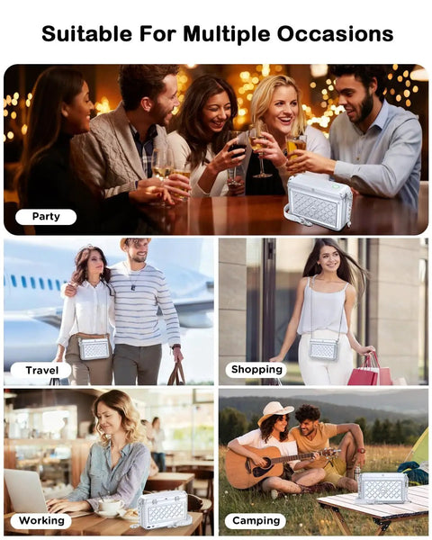 Collage showing Anti Theft Fingerprint Safe Lock Bag For Women Portable Metal Phone Lock Box used in party, travel, shopping, and camping