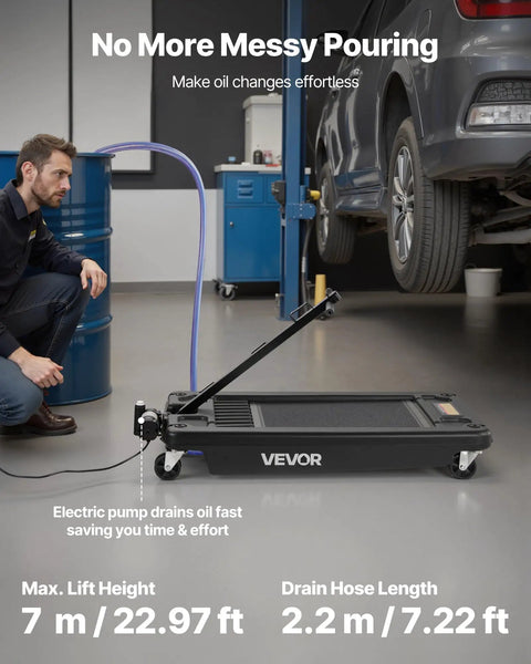 Low Profile Oil Drain Pan 17 Gallon Tank With Electric Pump And Flex Hose For Trucks Atvs Leak Proof Fluid Extractor in garage.