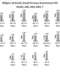 800 Piece Tiny Screws Kit For Electronics And Gadgets Micro Pan Head Machine Screws For Eyeglasses Watches Clocks And Phones In Sizes M1 M1.2 M1.4 M1.6 And M1.7 displayed on white background, showing assortment of screws.