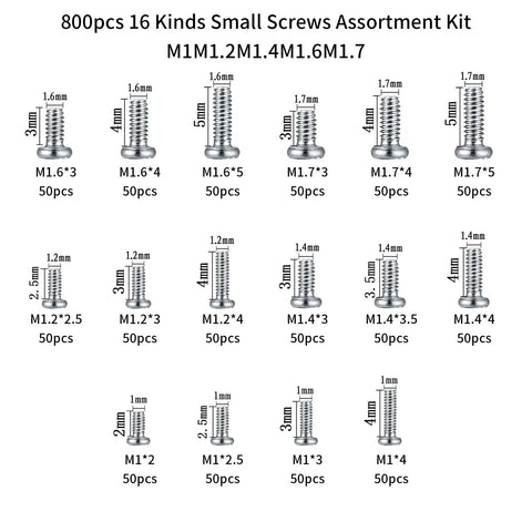 800 Piece Tiny Screws Kit For Electronics And Gadgets Micro Pan Head Machine Screws For Eyeglasses Watches Clocks And Phones In Sizes M1 M1.2 M1.4 M1.6 And M1.7 displayed on white background, showing assortment of screws.