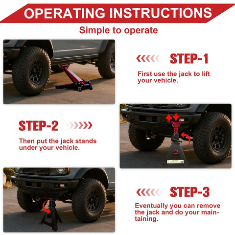 USYATO 6 Ton jack stands, 1 pair in black/red, with double-pin lock, shown under a lifted SUV.