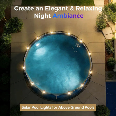 Top view of framed pool with Six Pack Solar Pool Lights For Framed Above Ground Pools Waterproof Outdoor Garden Night Lights