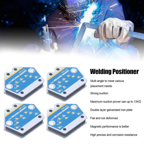 Heavy Duty 4 Piece Magnetic Welding Positioner Kit With Strong Suction Holds Up To 13KG showing four magnets for multi angle fixing.
