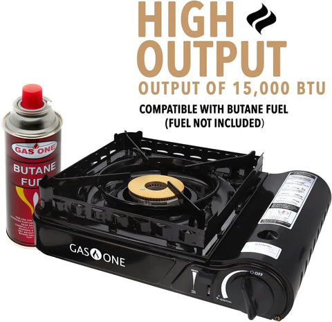 15,000 BTU Dual Fuel Portable Camp Stove With Carry Case For Propane Or Butane Piezo Ignition Includes 4 Butane Cans