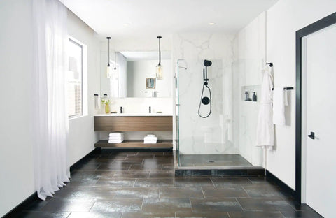 Modern bathroom with a shower and a sleek Align Matte Black 9 Inch Modern Hand Towel Bar For Bath Or Kitchen near the door.