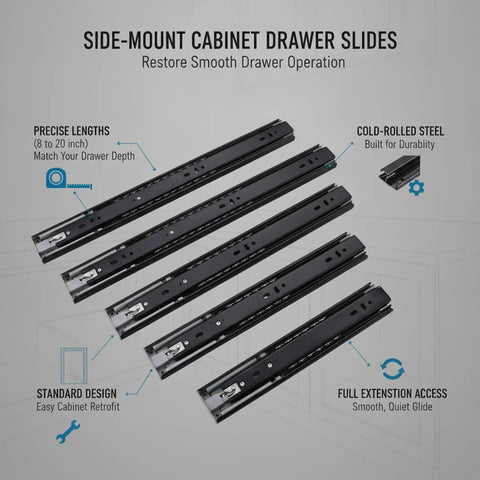 Side-Mount Drawer Slides For Cabinets, Cold-Rolled Steel Replacement Hardware, Full Extension Glides For Kitchen And Furniture