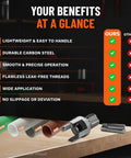 Heavy Duty PVC Pipe Threader Kit For One Half Inch And Three Quarter Inch Tubing With Dual Function Internal And External Threading Break Resistant Rust Resistant Cutter Machuelos Tubo Set DIY Plumbing Pro Tool Opener displaying benefits checklist.