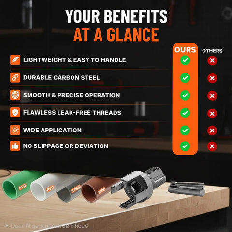Heavy Duty PVC Pipe Threader Kit For One Half Inch And Three Quarter Inch Tubing With Dual Function Internal And External Threading Break Resistant Rust Resistant Cutter Machuelos Tubo Set DIY Plumbing Pro Tool Opener displaying benefits checklist.