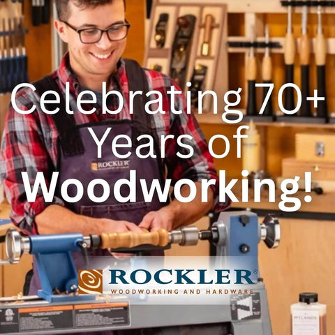 Person using a wood lathe in a workshop with "Celebrating 70+ Years of Woodworking" and "Rockler" logo visible.