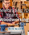 Woodworker at a lathe in a workshop celebrating Rockler's 70+ years with tools in the background.