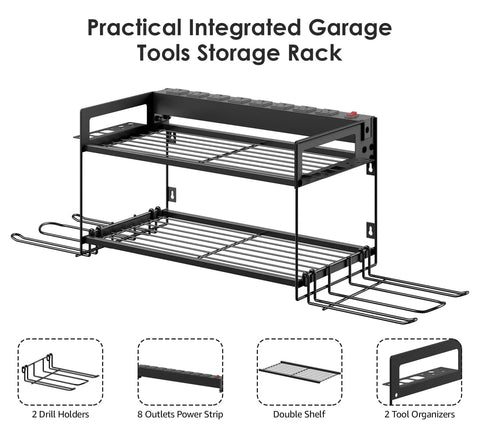 Kick Up Your Garage Game With This Rock Solid Heavy Duty Wall Mount Rack For Power Tool Battery Organizer Featuring An Embedded Eight Outlet Power Strip Black