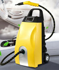 Orisuntech High Temp Steam Engine Cleaner With Ozonating Purification And 8 Attachments For Heavy Duty Cleaning Grease Limescale Mold Removal Home Car Washing Ac Unit Deep Scrubbing Power Washer Yellow in a car interior with steam.