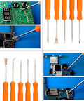 Close-up of 6 Piece Double Sided Soldering Aid Tool Set With 2 Precision Tweezers for electronics repair, shown with circuit boards.