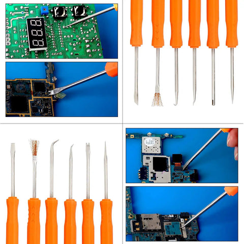 Close-up of 6 Piece Double Sided Soldering Aid Tool Set With 2 Precision Tweezers for electronics repair, shown with circuit boards.